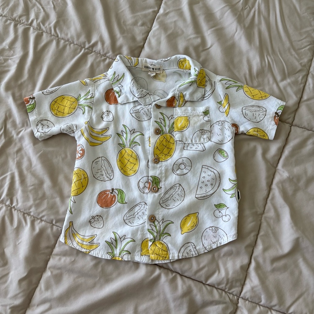 RABBIT BEAR ORGANIC Tropical Fruits Print Short Sleeve Button Up Shirt
